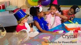  Presentation with birthday kids - Colorful PPT layouts enhanced with table during birthday party backdrop and a coral colored foreground