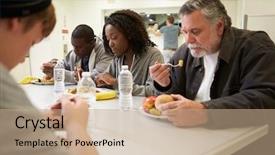  Presentation with homeless people - Slide deck having table eating food in homeless background and a coral colored foreground