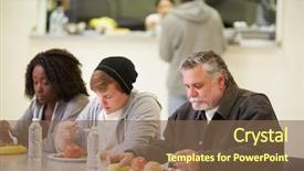  Presentation with homeless people - Audience pleasing PPT theme consisting of table eating food in homeless backdrop and a tawny brown colored foreground
