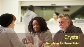  Presentation with homeless people - Cool new slide deck with table eating food in homeless backdrop and a tawny brown colored foreground