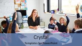  Presentation with children hands - Theme enhanced with table in a classroom background and a teal colored foreground