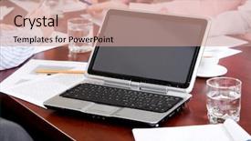  Presentation with young man holdng laptop on lap money - Cool new slide set with table in a working environment backdrop and a coral colored foreground