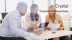  Presentation with meeting table - Colorful presentation theme enhanced with listening people - group of colleagues meeting backdrop and a lemonade colored foreground