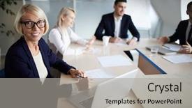  Presentation with successful - PPT theme with table in front of laptop background and a light gray colored foreground