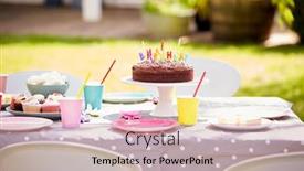  Presentation with childrens birthday party - Amazing slide deck having table-in-garden-laid backdrop and a soft green colored foreground