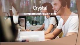  Presentation with t shirts - Presentation design consisting of table in headphones call center background and a tawny brown colored foreground