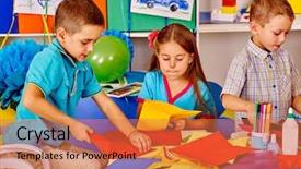  Presentation with kindergarten - PPT layouts with table in kindergarten children together background and a coral colored foreground