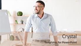  Presentation with man looking up happy - Cool new slides with table in office and looking backdrop and a  colored foreground