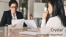  Presentation with job interview - Colorful PPT layouts enhanced with table in office during job backdrop and a soft green colored foreground