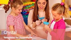  Presentation with kids in school - Beautiful slide deck featuring table in primary school backdrop and a coral colored foreground
