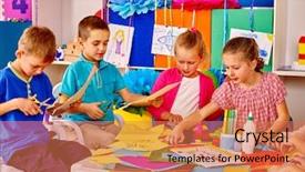  Presentation with children design - Presentation theme featuring table in primary school background and a coral colored foreground