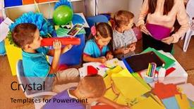  Presentation with children design - Colorful PPT theme enhanced with table in primary school backdrop and a  colored foreground
