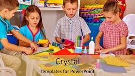  Presentation with school children - Cool new slide set with table in primary school backdrop and a yellow colored foreground