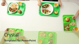  Presentation with school cafeteria - PPT theme having table in school cafeteria background and a mint green colored foreground