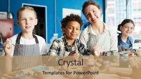  Presentation with intercultural - Theme with table in studio of art background and a coral colored foreground