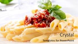  Presentation with penne pasta - Slide deck consisting of table italian cuisine mediterranean food background and a yellow colored foreground