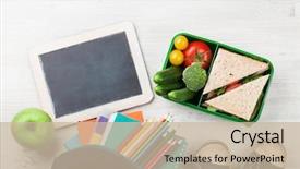  Presentation with text box - Beautiful slide set featuring table kids take away food backdrop and a soft green colored foreground