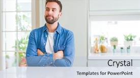  Presentation with gold man smile - Presentation theme with table manner - handsome man at home smiling background and a light blue colored foreground