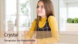  Presentation with thinking - Colorful presentation theme enhanced with table manner - young beautiful blonde kid girl backdrop and a coral colored foreground