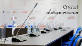  Presentation with conference table microphones - Slide deck featuring table microphones at conference hall background and a light gray colored foreground