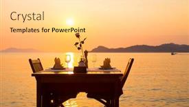  Presentation with sea glass - Theme enhanced with table of a coastal restaurant with a glass of wine and a flower against the backdrop of the sea at sunset background and a light gray colored foreground