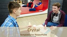  Presentation with teenage girl - Amazing slide deck having table of modern student lounge backdrop and a soft green colored foreground