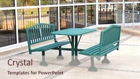  Presentation with school building - Cool new presentation theme with table outside of office building backdrop and a lemonade colored foreground