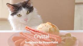  Presentation with food - Slide deck with table sausages bread and vegetables background and a coral colored foreground