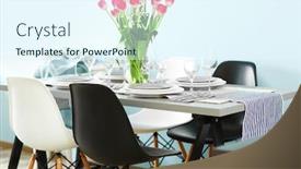  Presentation with served - Audience pleasing theme consisting of table served with dishes and a bouquet of tulips backdrop and a sky blue colored foreground