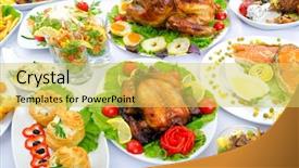  Presentation with meals - Amazing slides having table served with tasty meals backdrop and a yellow colored foreground