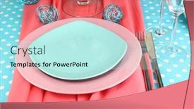  Presentation with tableware - Presentation design featuring table serving with colorful tableware close-up background and a cool aqua colored foreground