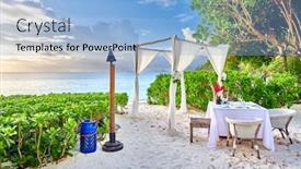  Presentation with romantic beach - Cool new slides with table-set-up-for-romantic backdrop and a light blue colored foreground
