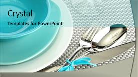  Presentation with empty stage blue curtain - Audience pleasing presentation theme consisting of table setting - blue empty plates with fork backdrop and a cyan colored foreground