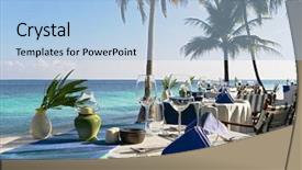  Presentation with table setting - Beautiful presentation theme featuring table setting at beach restaurant backdrop and a light blue colored foreground