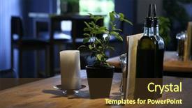  Presentation with olive oil - Amazing presentation design having table setting in a restaurant consisting of bottles of olive oil and vinegar with a pot of mint on wooden table backdrop and a tawny brown colored foreground