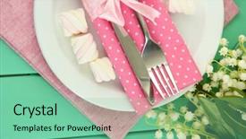  Presentation with color pink - Slides with table setting in white and pink tones on color wooden background background and a seafoam green colored foreground