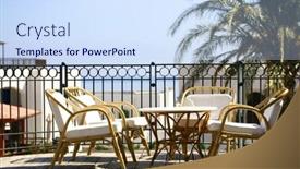  Presentation with hotel resort - Beautiful presentation featuring table setting on a terraced lounge at a mediterranean resort hotel overlooking the sea backdrop and a sky blue colored foreground