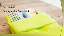 Presentation with table napkin - PPT theme enhanced with table setting silverware and eating concept - close up of cutlery set wrapped to napkin on restaurant table background and a lemonade colored foreground