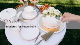  Presentation with teapot - Amazing presentation theme having table-setting-teapot-teacups-cake backdrop and a light gray colored foreground