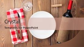  Presentation with bottle red wine - PPT layouts having table setting with empty plate wine glass and red wine bottle top view over rustic wooden table background background and a coral colored foreground