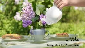 Presentation with lilac flowers bunch over wood - Colorful slide deck enhanced with table setting with lilac flowers backdrop and a mint green colored foreground