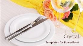  Presentation with yellow rose - PPT theme featuring table setting with yellow rose on plate background and a sky blue colored foreground