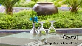  Presentation with summer time - PPT theme consisting of table setup in outdoor cafe background and a mint green colored foreground