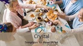  Presentation with females - Beautiful PPT theme featuring one of females by dinner table taking pancake from plate being offered by her friend backdrop and a coral colored foreground