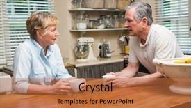  Presentation with senior couple - Presentation having table talk - senior couple having coffee together background and a coral colored foreground