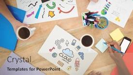  Presentation with meeting table - Colorful presentation theme enhanced with table top meeting with web graphics backdrop and a soft green colored foreground