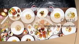  Presentation with international buffet - Colorful PPT theme enhanced with table-top-view-premium-variety backdrop and a coral colored foreground