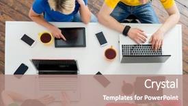  Presentation with computers - Colorful PPT theme enhanced with table using computers and tablets backdrop and a coral colored foreground