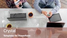  Presentation with computers - Presentation design having table using computers and tablets background and a coral colored foreground