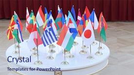  Presentation with conference table - Amazing slide deck having table with 28 national flag backdrop and a sky blue colored foreground